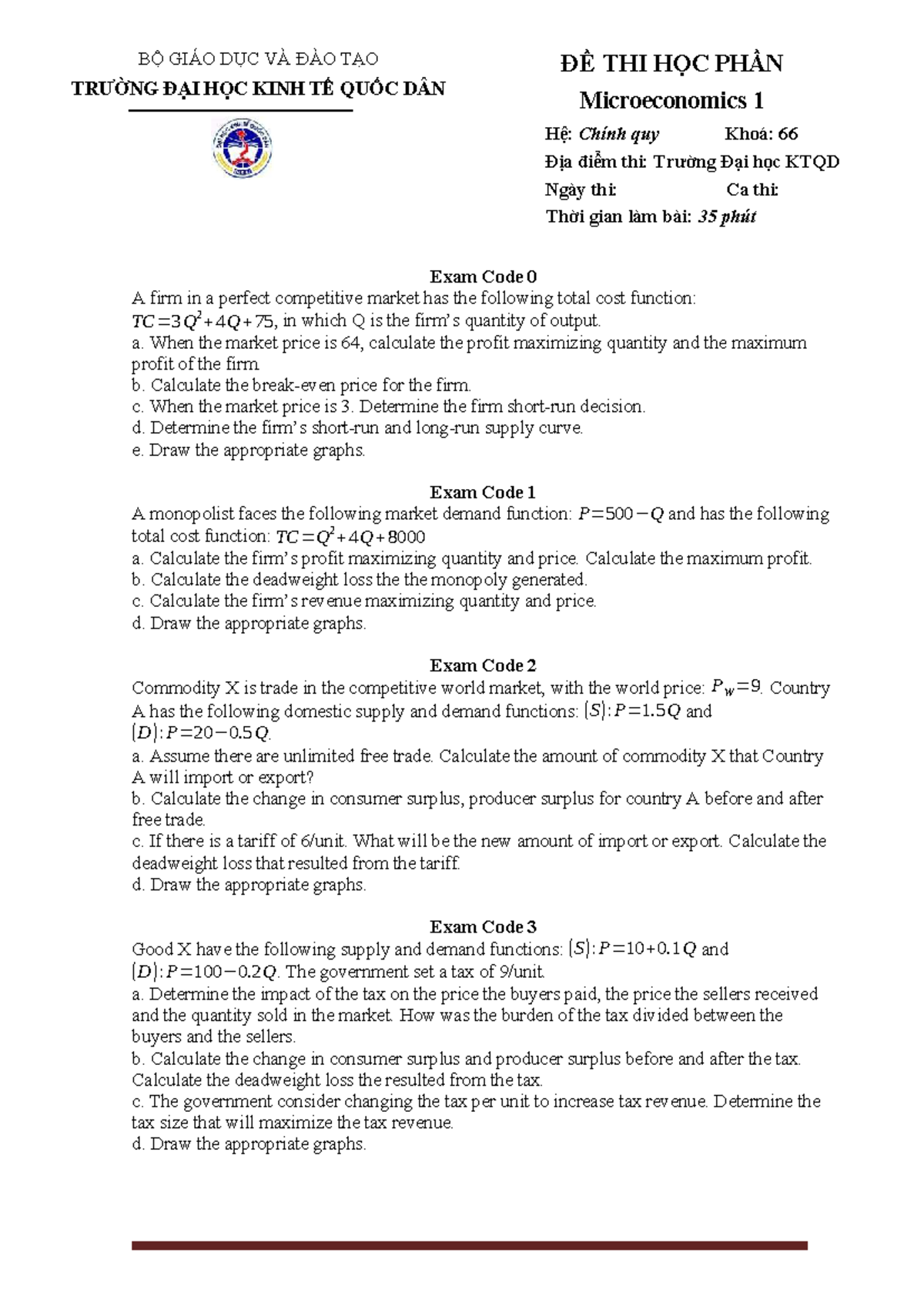 Microeconomics 1 Midterm Exam - Đề Thi Hệ Chính Quy Khóa 66 - Studocu