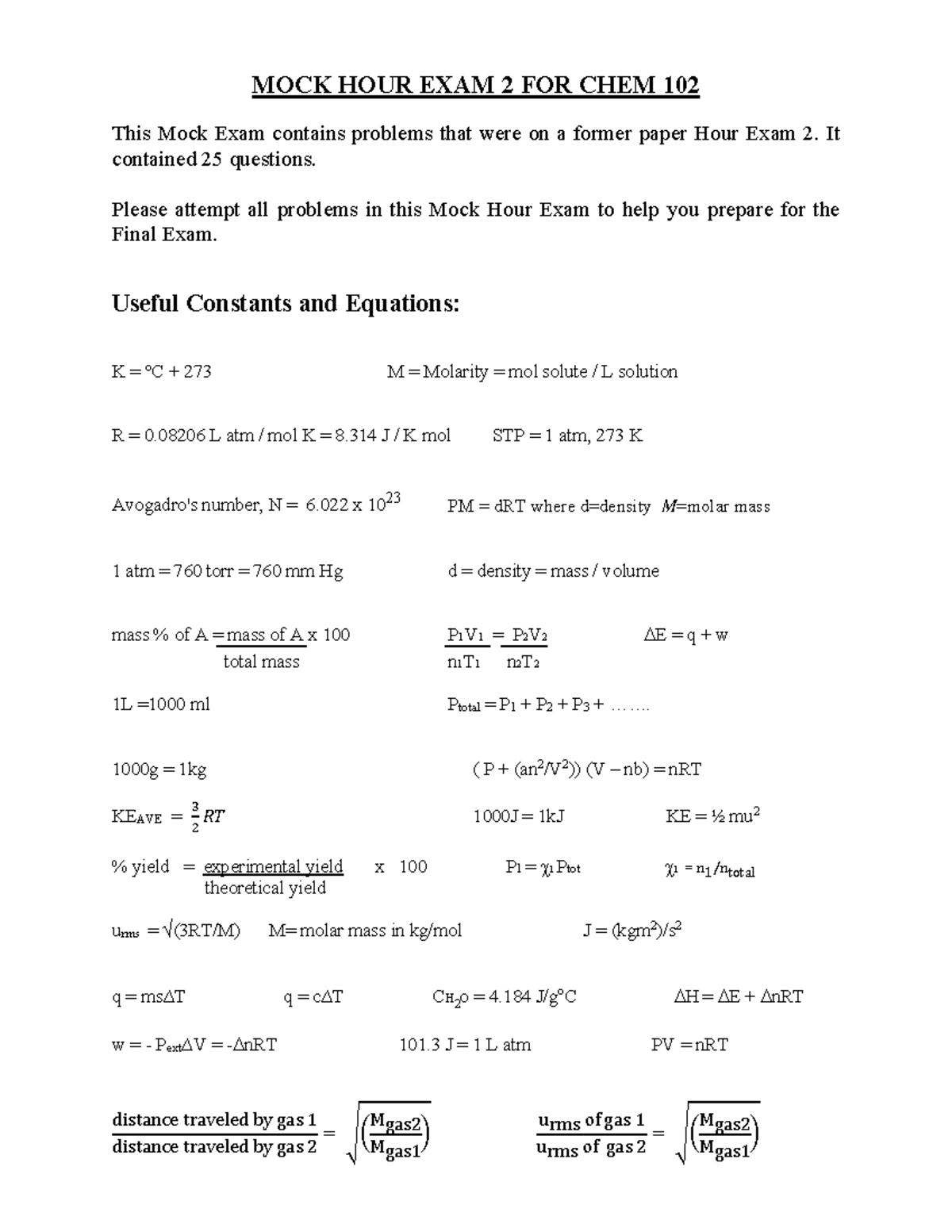 CHEM 102 Mock Exam 2 Preparation Guide for Final Exam - Studocu