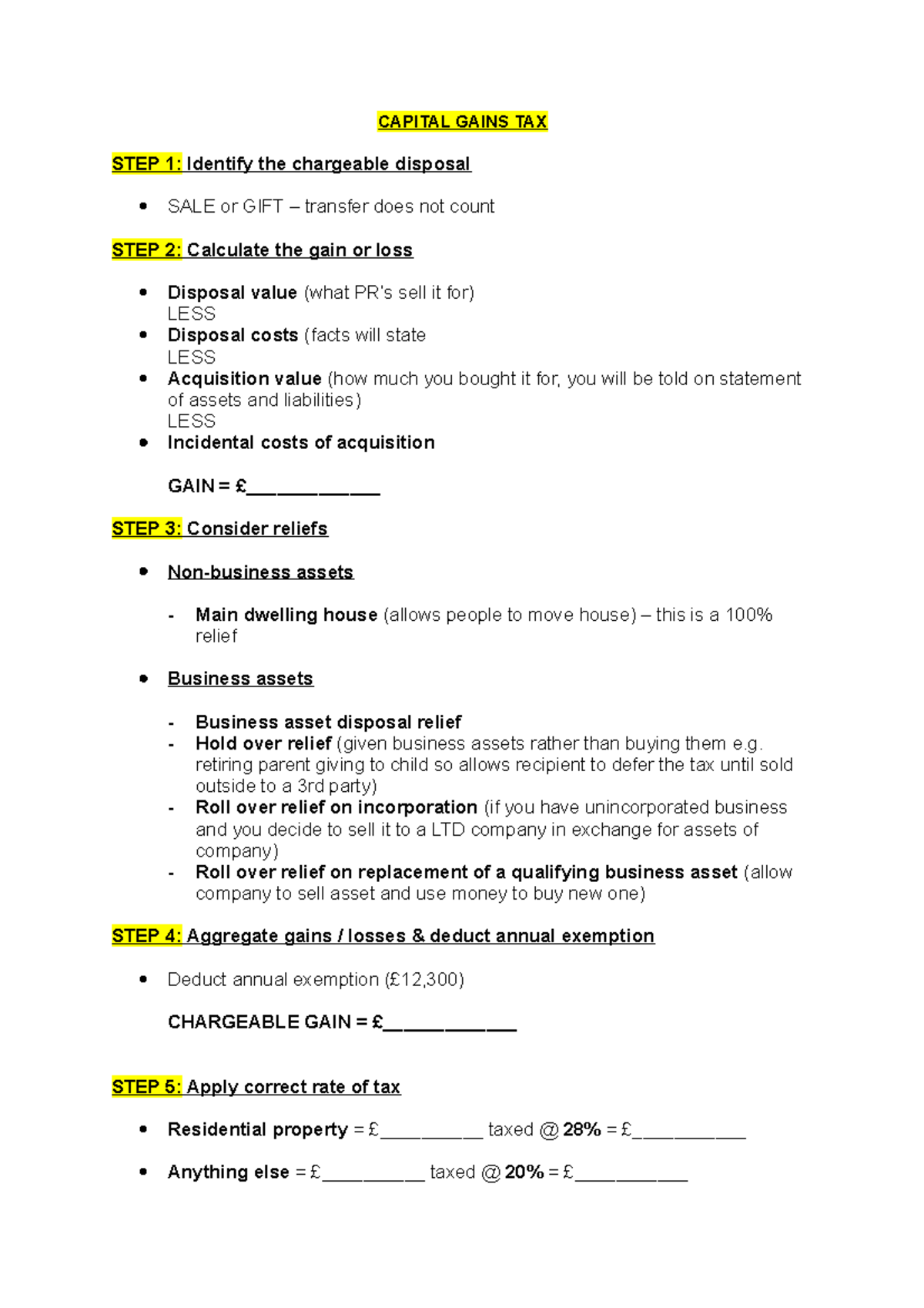 CAPITAL GAINS TAX: TEMPLATE & STRUCTURE Guide for Calculating Gains ...