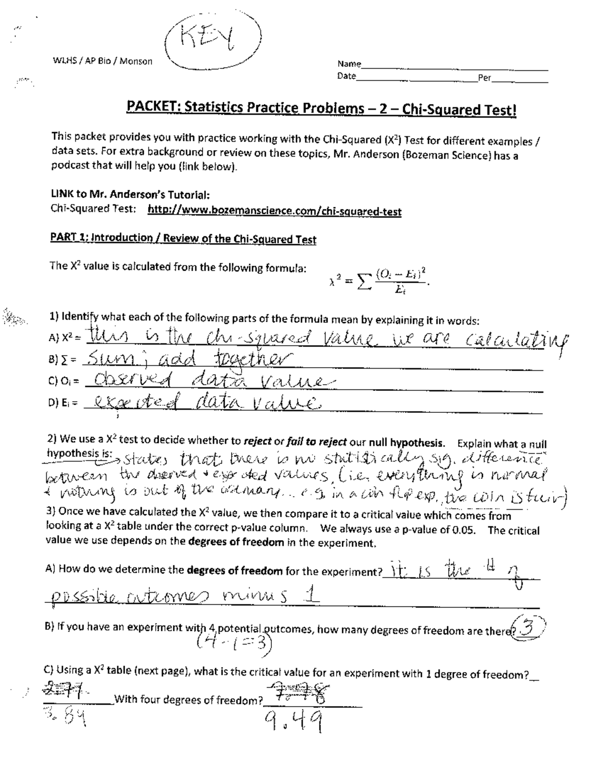 WLHS AP Bio Chi-Squared Test Practice Packet - Studocu