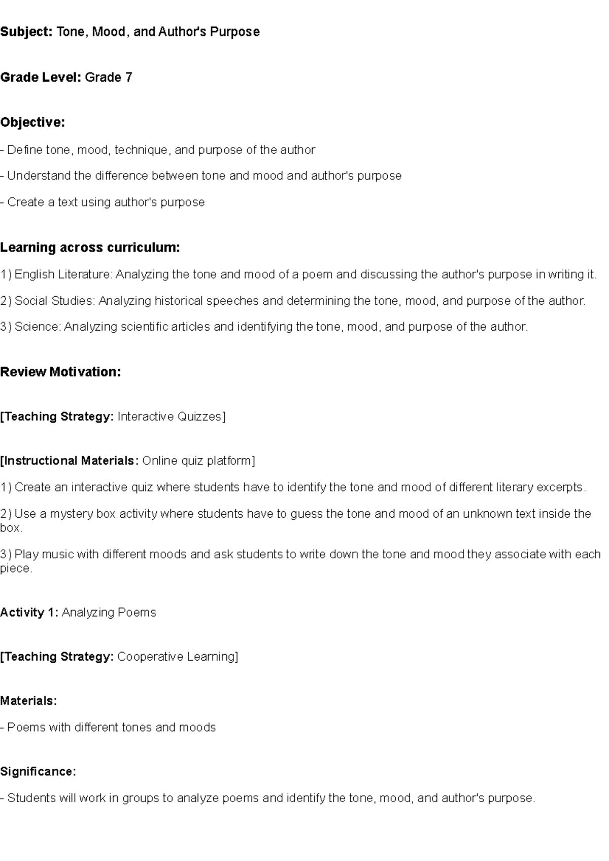 Grade 7 Lesson Plan: Tone, Mood & Author's Purpose in Texts - Studocu