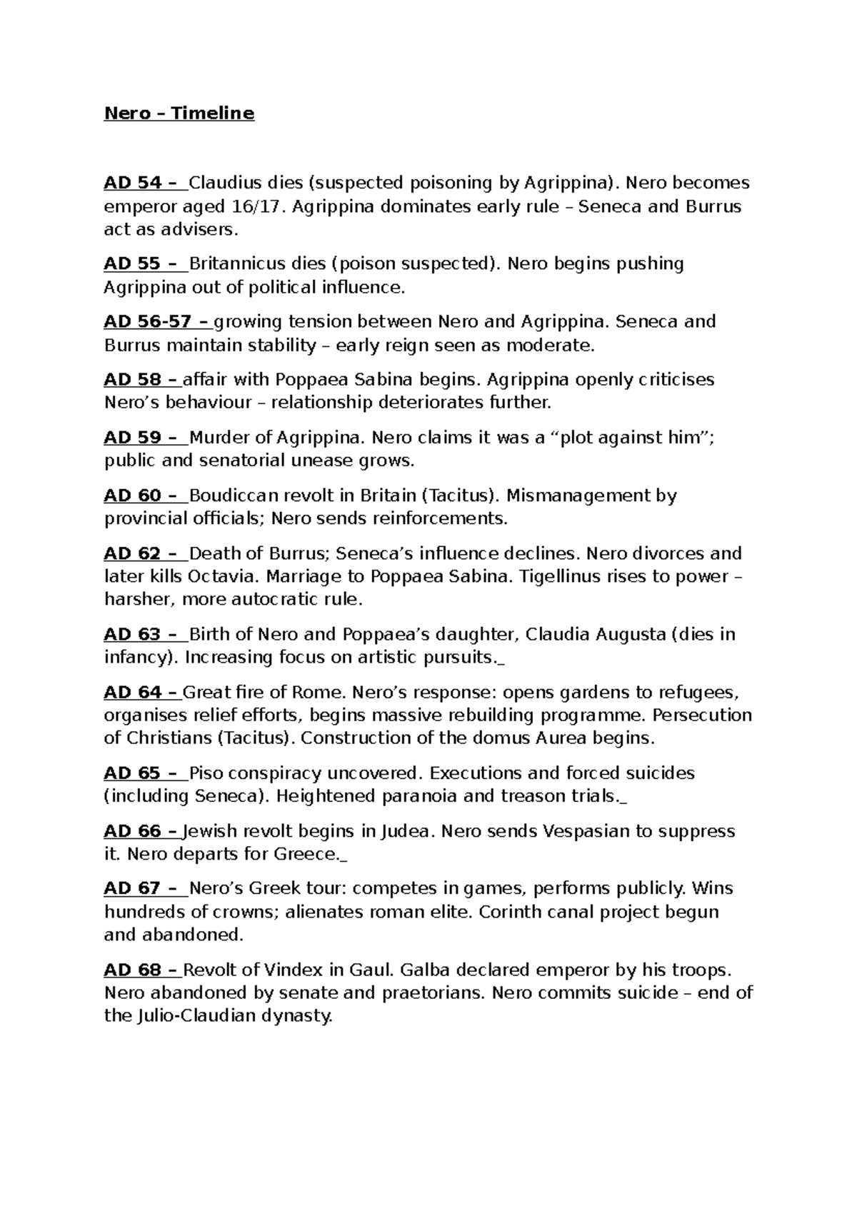 Nero Timeline: Key Events from AD 54 to AD 68 - Studocu