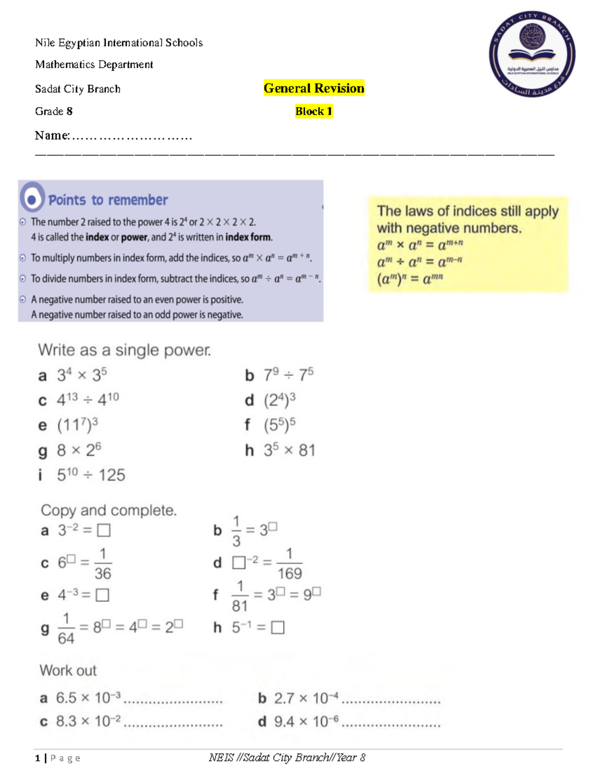 Grade 8 Math Revision Block 1 - Sadat City Branch - Studocu