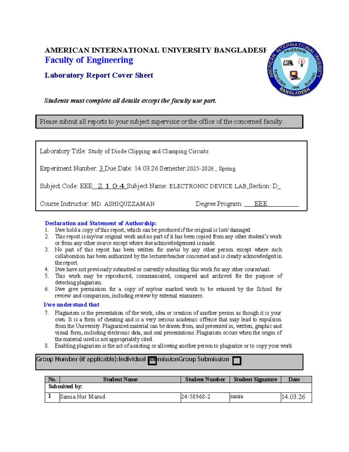ELECTRONIC DEVICE LAB (2104) Report on Diode Clipping & Clamping ...