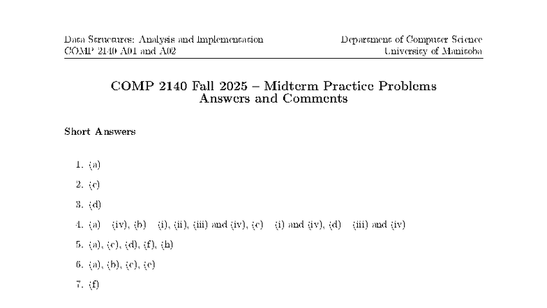 COMP 2140 Fall 2025 Midterm Practice Problems Solutions - Studocu