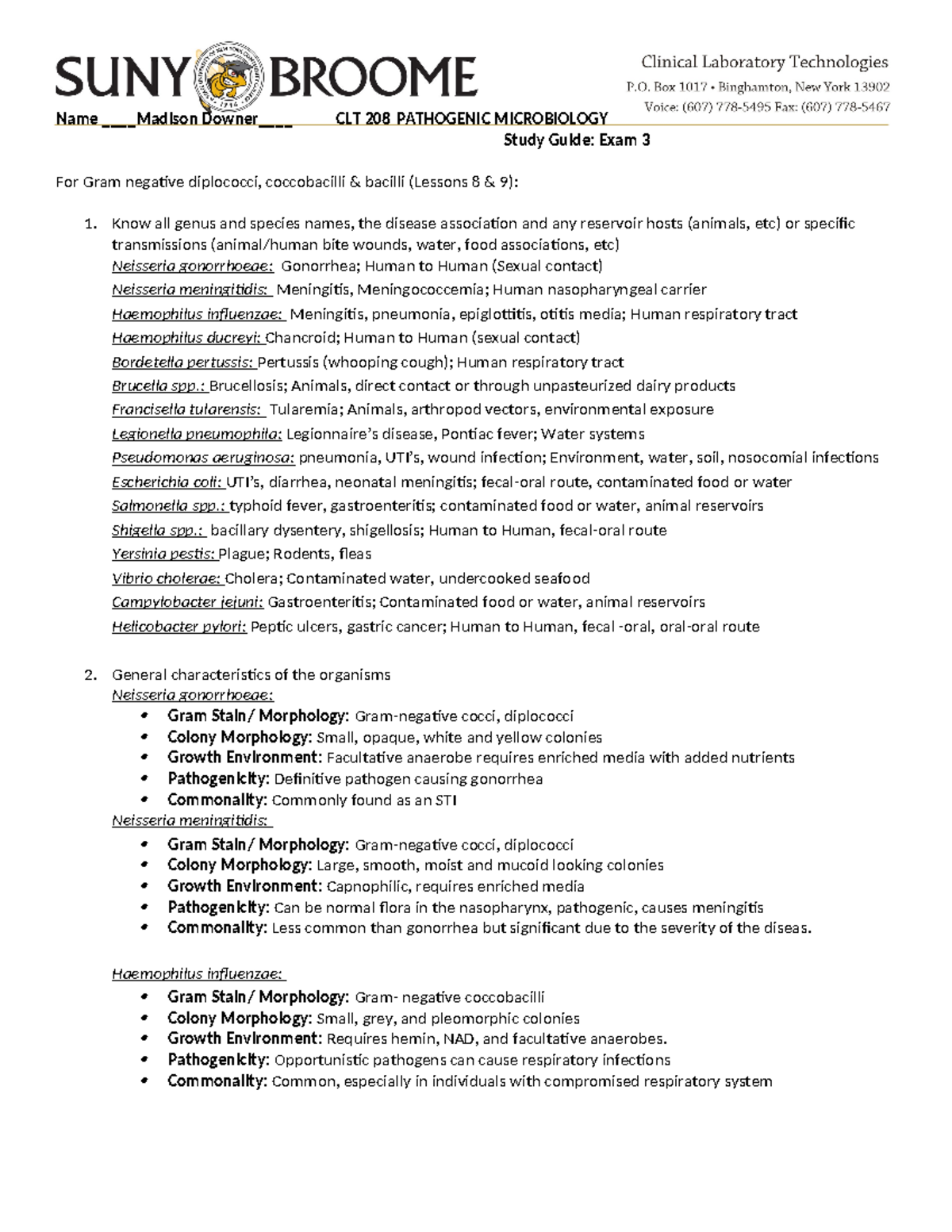 CLT 208 Midterm Exam 3 Study Guide for Pathogenic Microbiology - Studocu