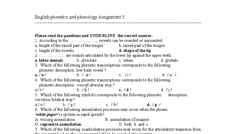 English Phonetics and Phonology Assignment 5: Answer Key - Studocu