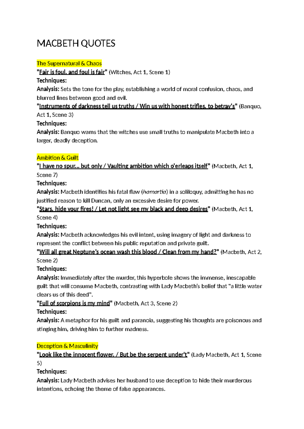 MACBETH QUOTES: Analyzing Supernatural Themes & Guilt - Studocu