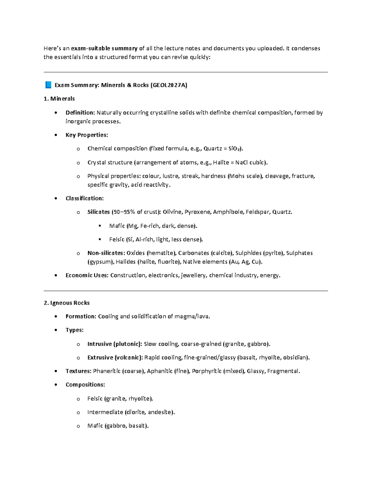 GEOL2027A Exam Summary: Minerals and Rocks Overview - Studocu