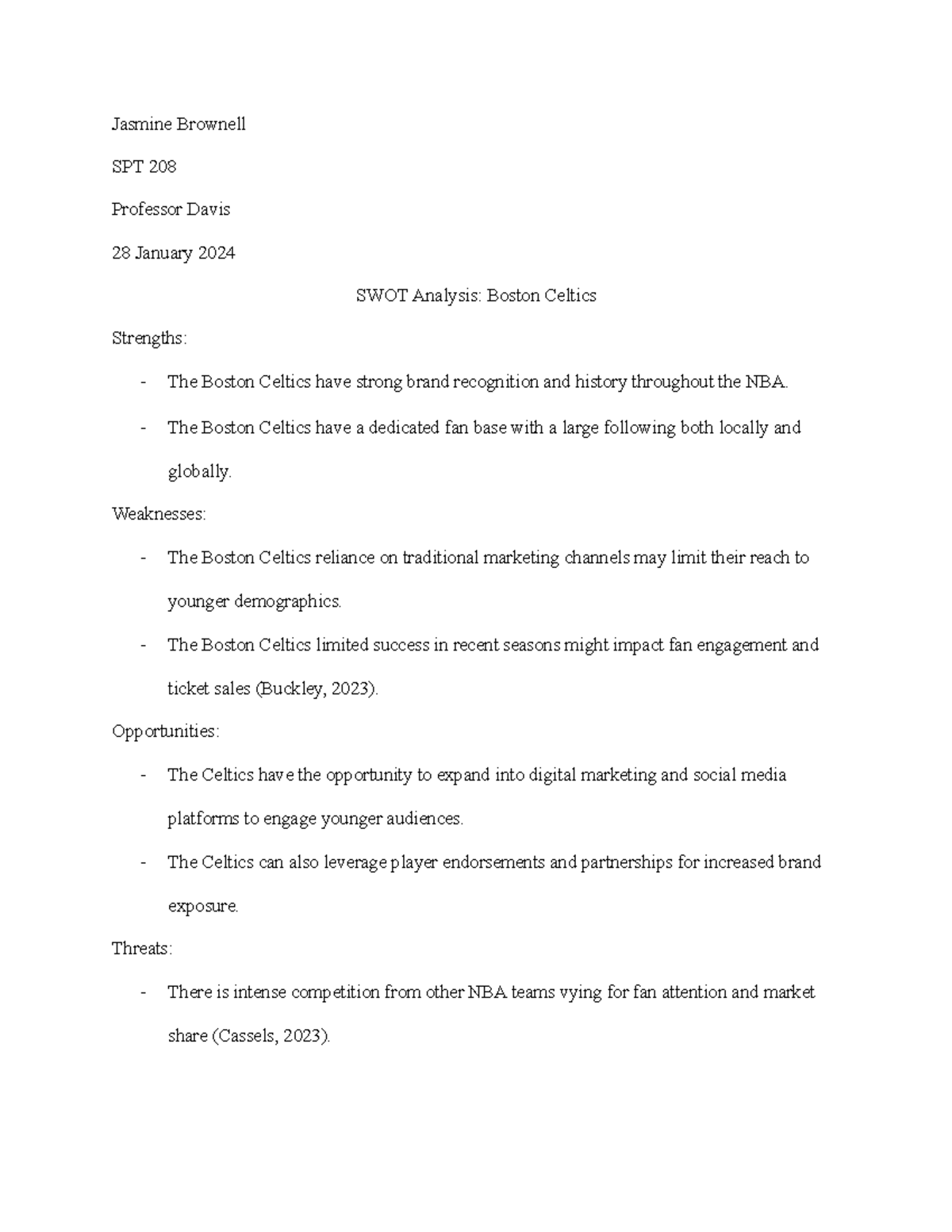 SPT 208 Final Exam SWOT Analysis of Boston Celtics - Studocu