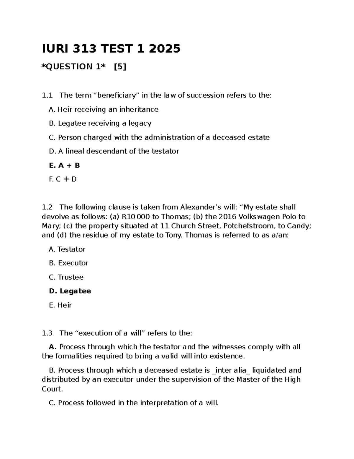 IURI 313 TEST 1 Practice on Law of Succession - Studocu
