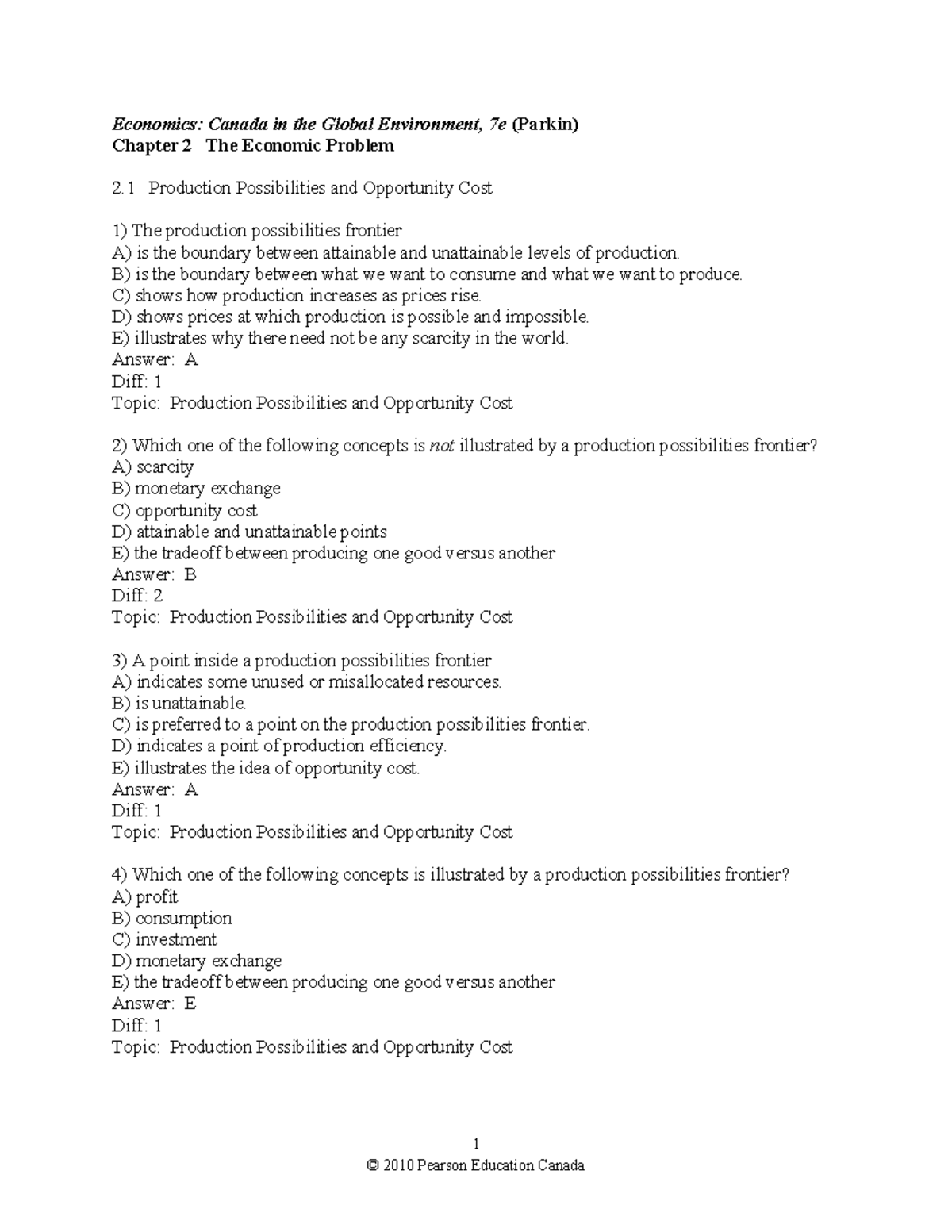 Economics 7e (Parkin) Chapter 2: Production Possibilities & Opportunity ...