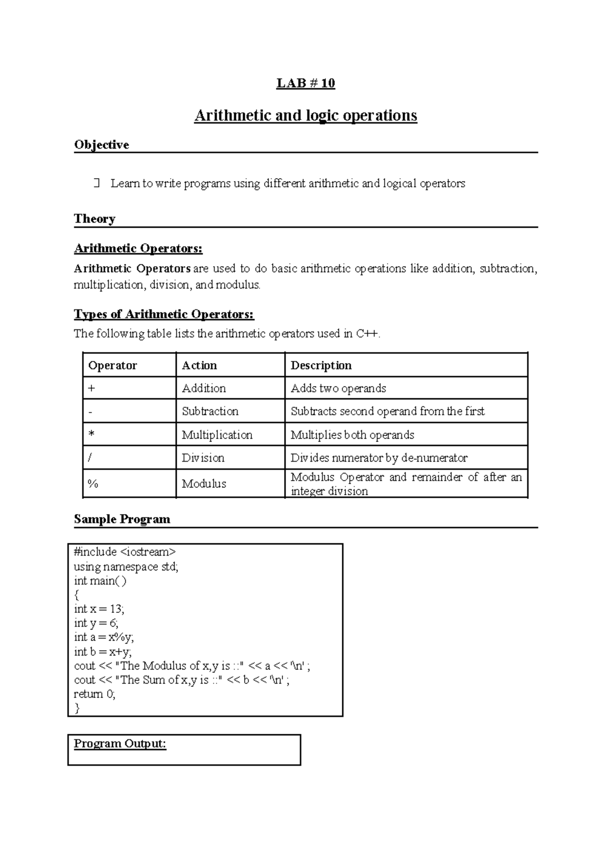 C++ LAB 10: Arithmetic & Logic Operations Tutorial - Studocu