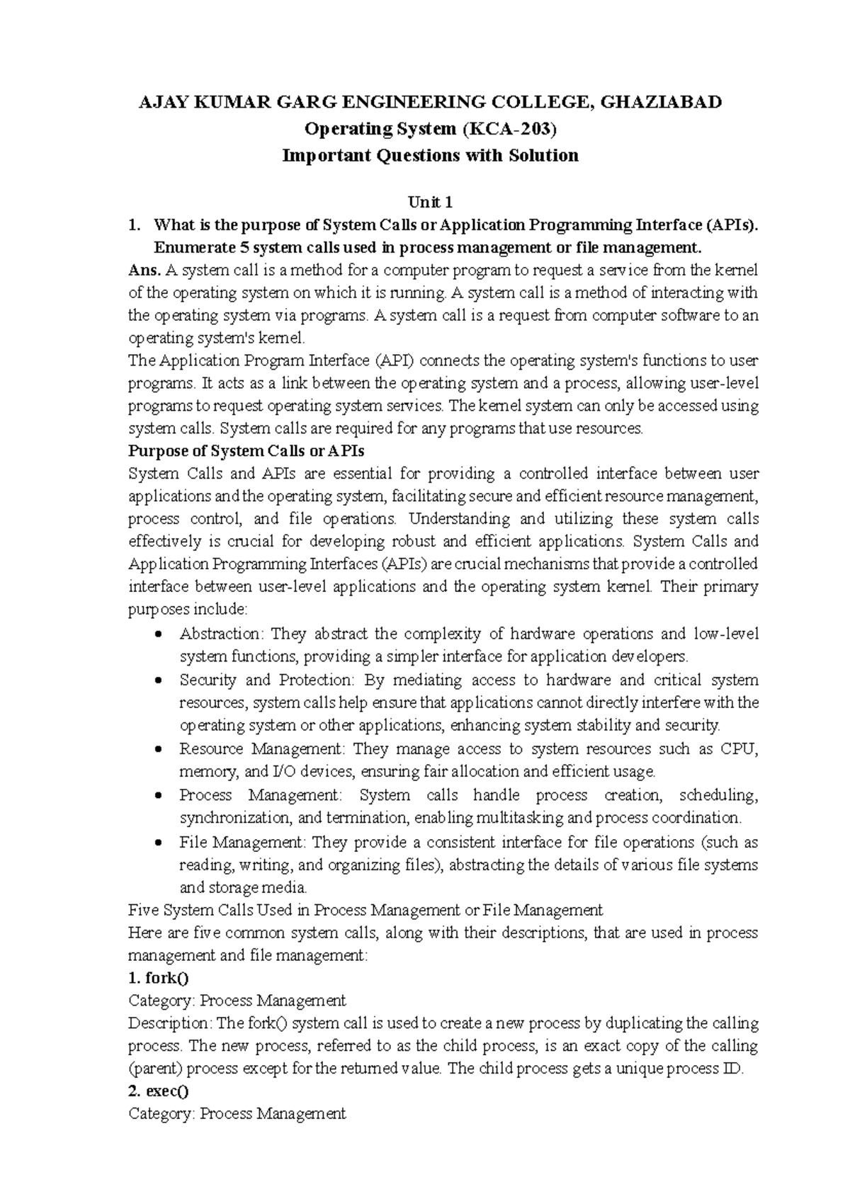 KCA-203 question bank - This is the unit wise summary of Operating ...