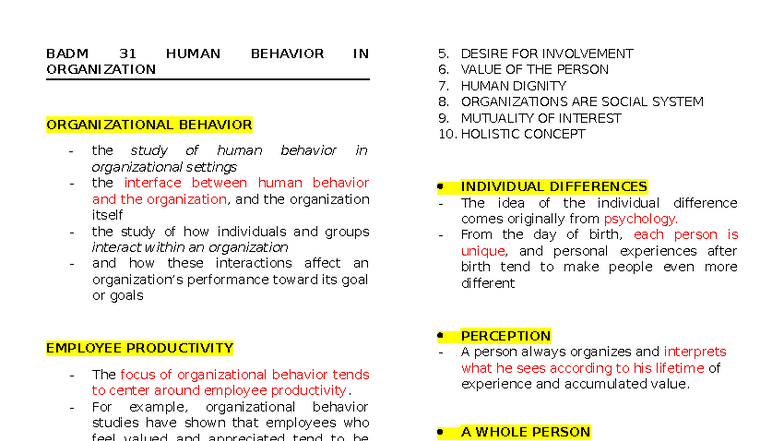BADM 31 HBO LEC Midterm Notes on Human Organization Behavior - Studocu
