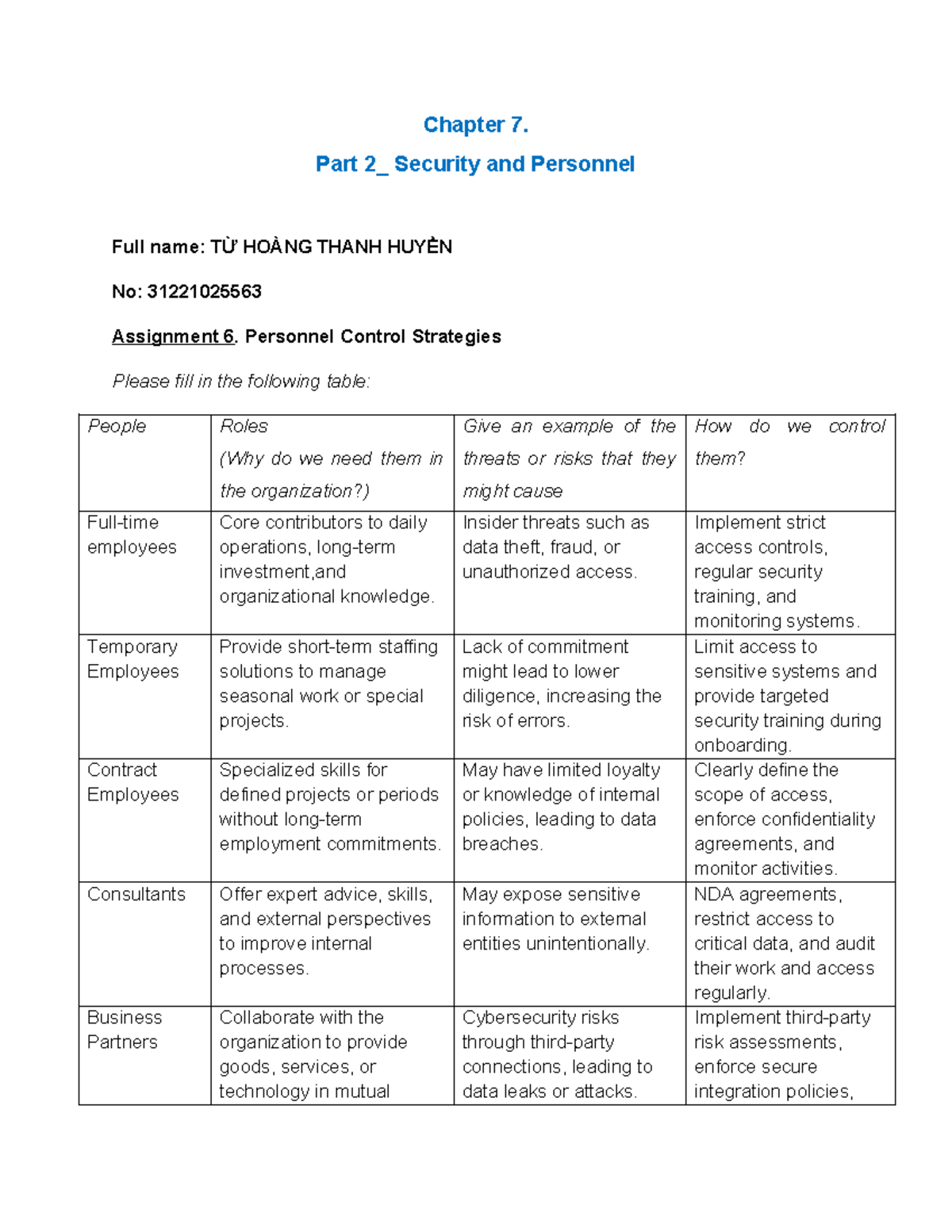 Assignment 6 - ATTT TL: Personnel Control Strategies & Security Risks ...