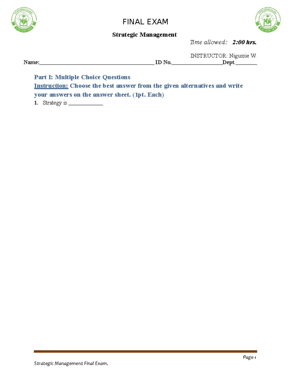 Strategic Management Final Exam (Course Code) by Nigussie Wendmu - Studocu