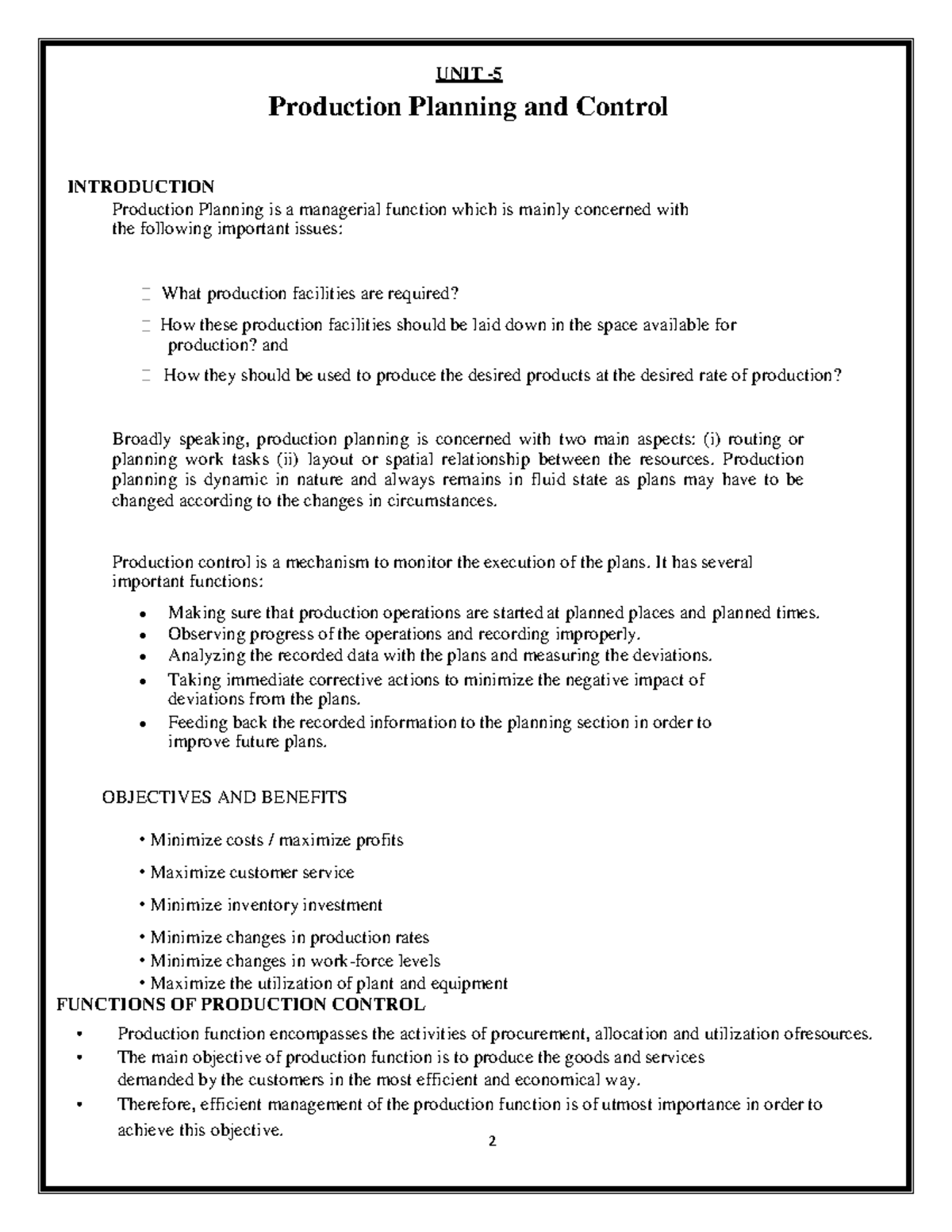 UNIT 5 Production Planning and Control: Key Concepts and Functions - Document Preview