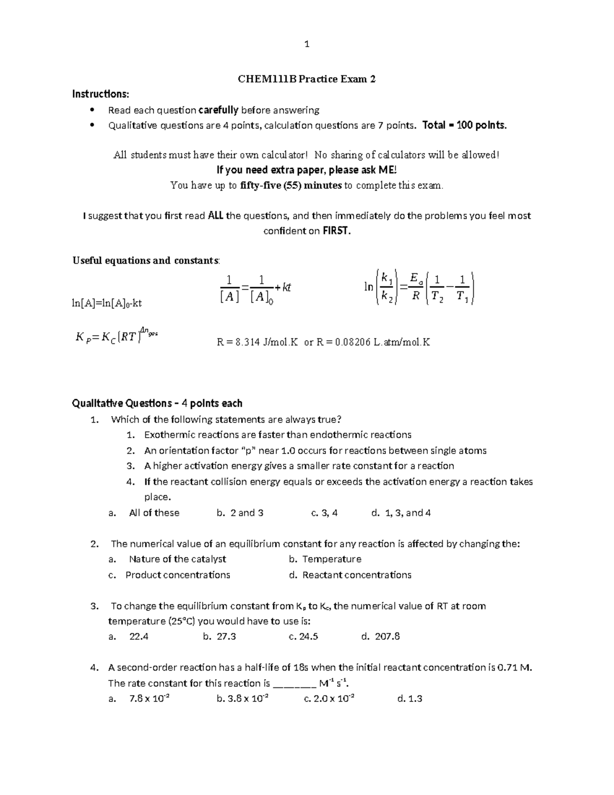 CHEM111B Practice Exam 2 Study Guide - Fall 2024 - Studocu