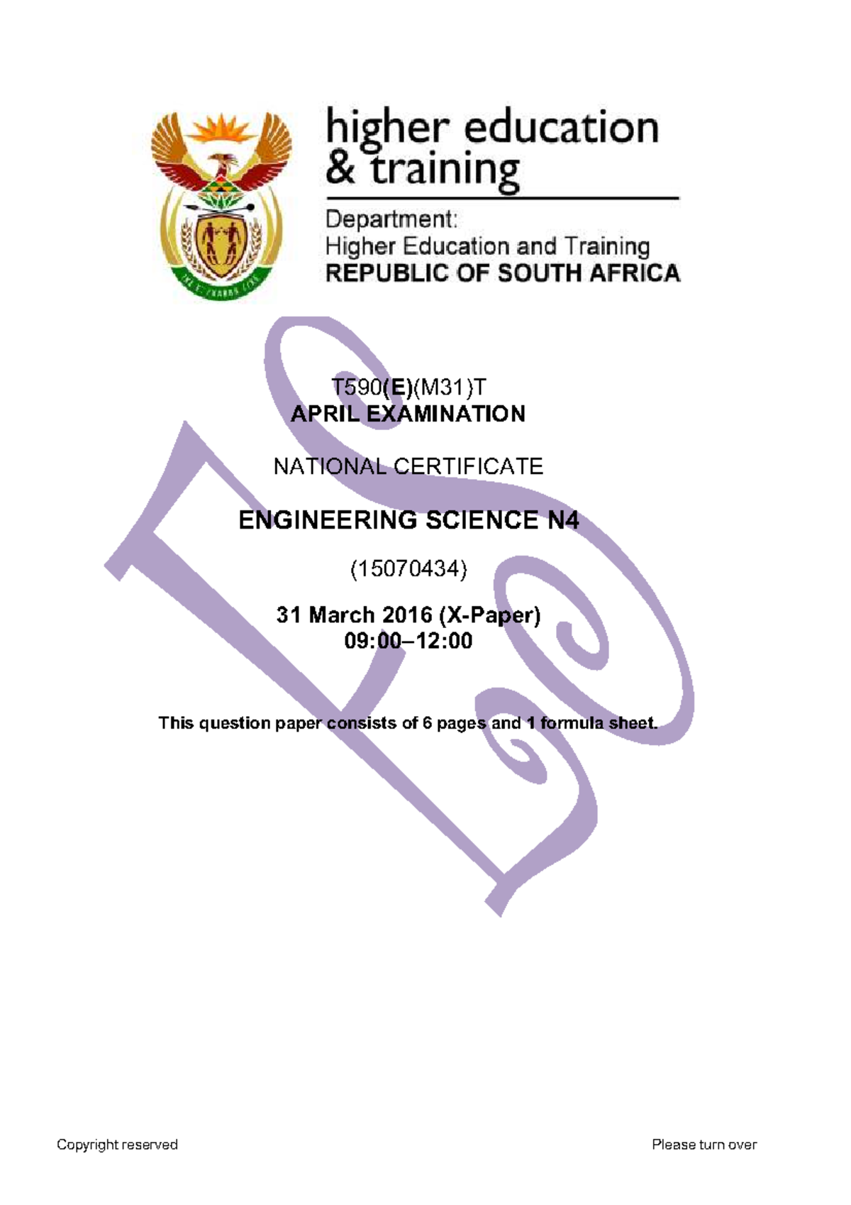 N4 Engineering Science Final Exam - April 2016 (T590(E)(M31)T) - Studocu