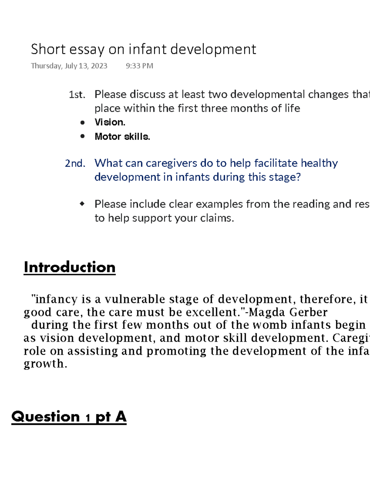 Short essay on infant development - Please discuss at least two ...