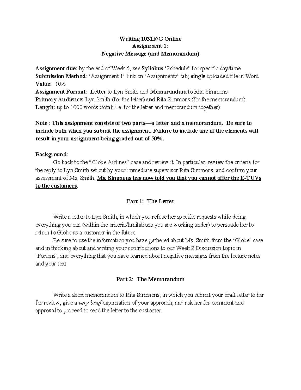 Writing 1031F/G: Assignment 1 - Negative Message & Memo Guidelines ...