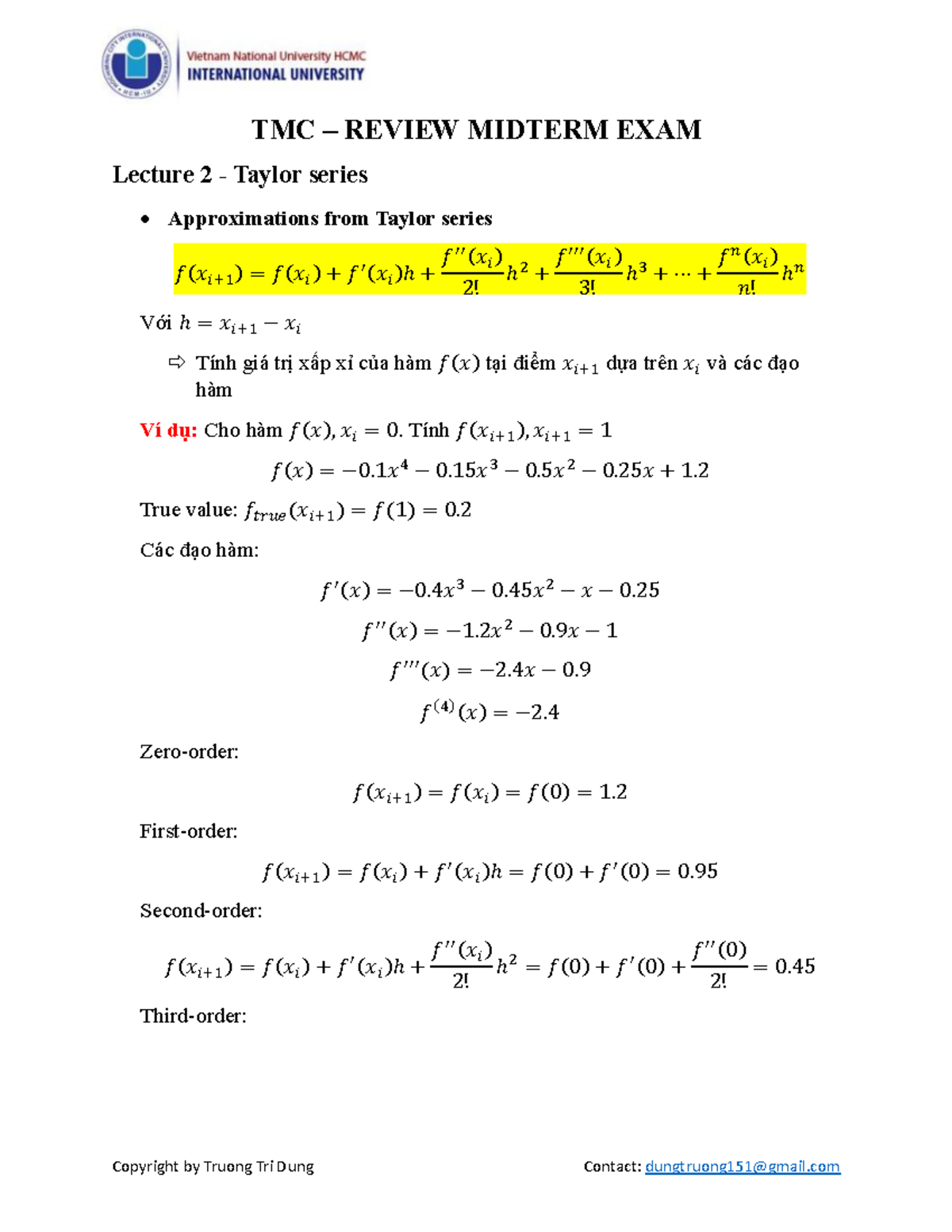 TMC - Review Midterm Exam Notes - Taylor Series & Numerical Methods ...