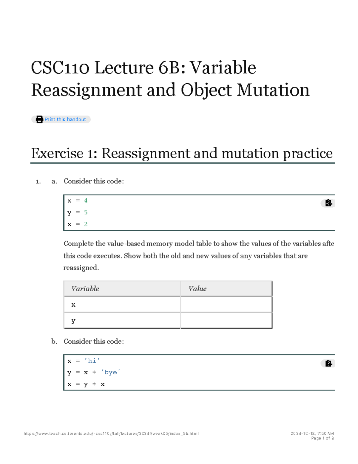 Lecture 6B- Variable Reassignment and Object Mutation - CSC110 Lecture ...