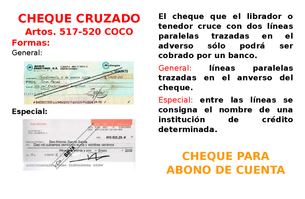 Cheque - CHEQUE CRUZADO ####### Artos. 517-520 COCO Formas: General ...
