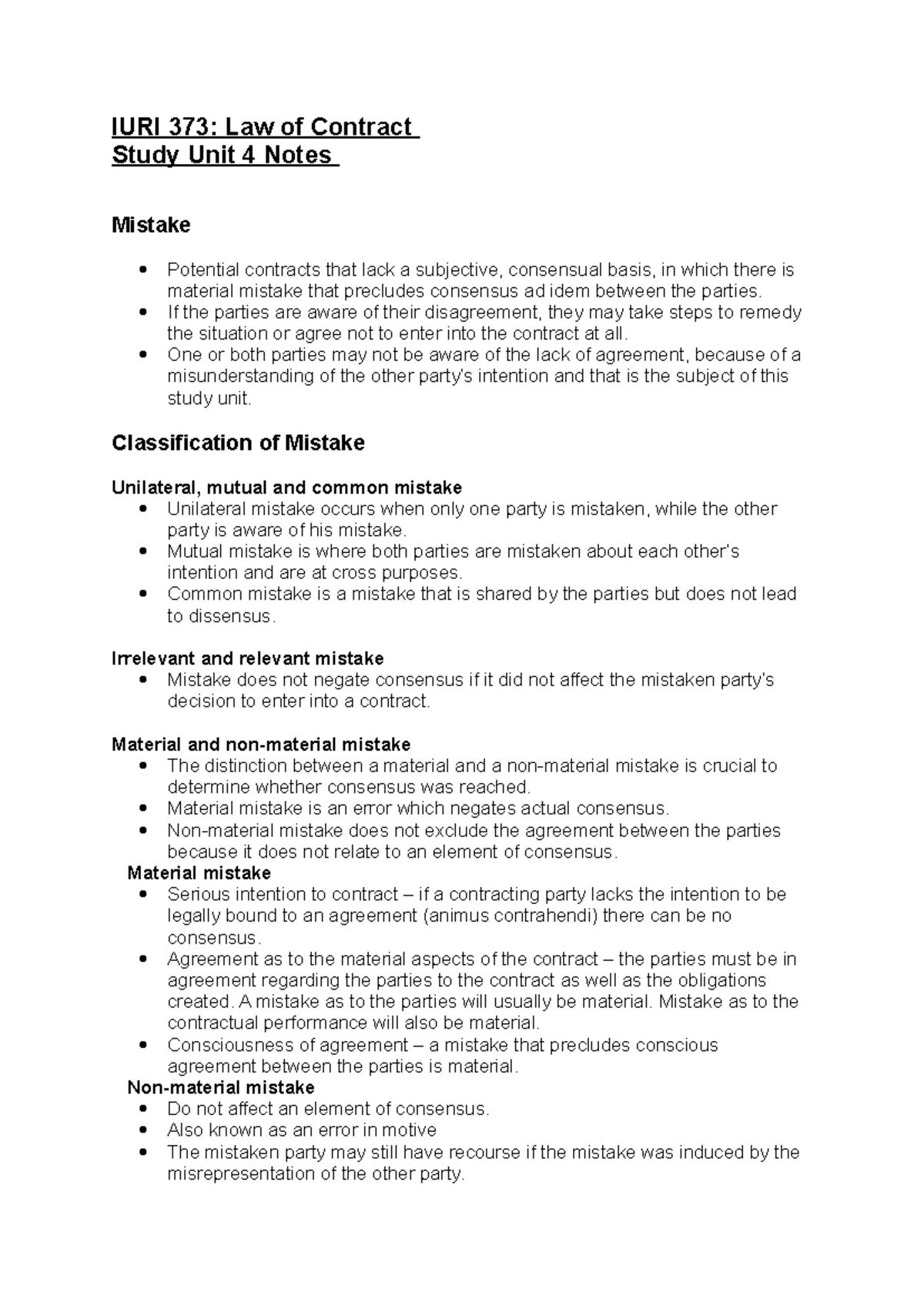 IURI 373: Law of Contract Study Unit 4 - Mistakes in Consensus - Studocu
