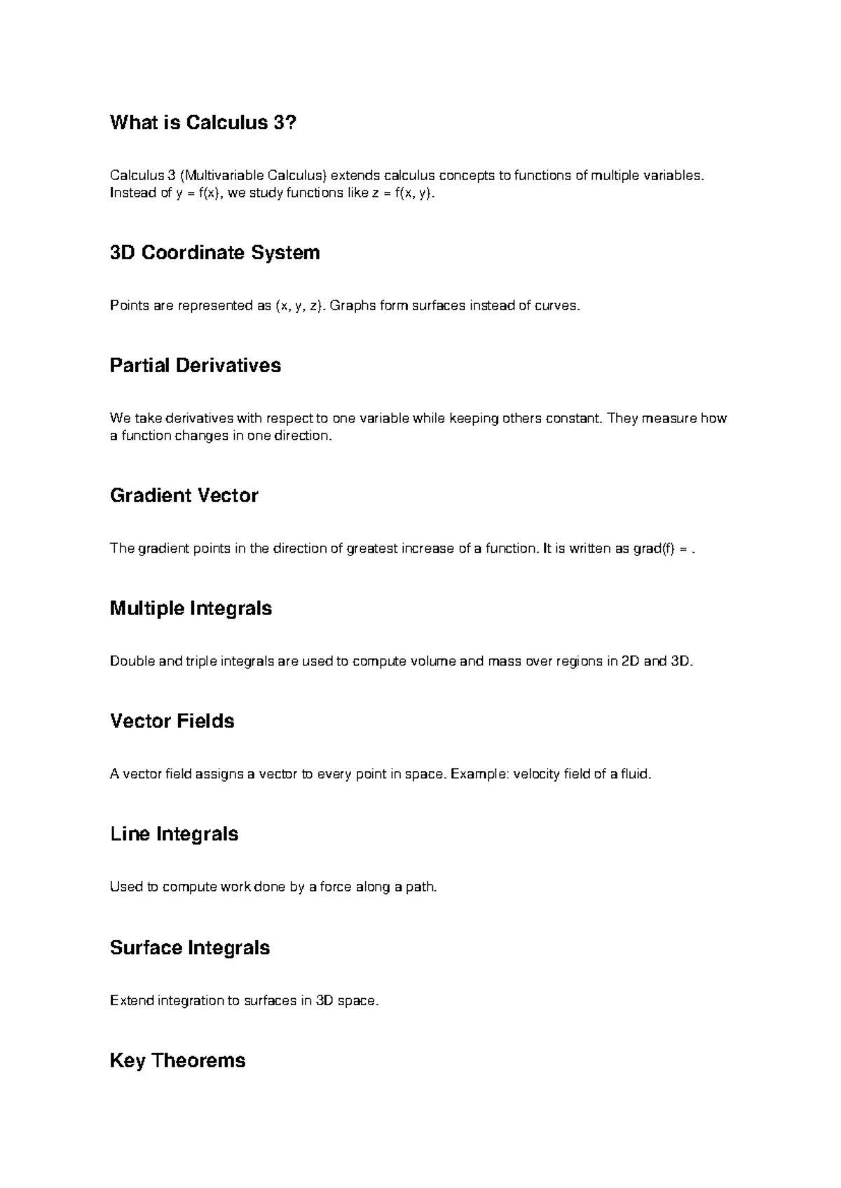 Calculus 3 (MATH 201) Overview: Key Concepts and Theorems - Studocu