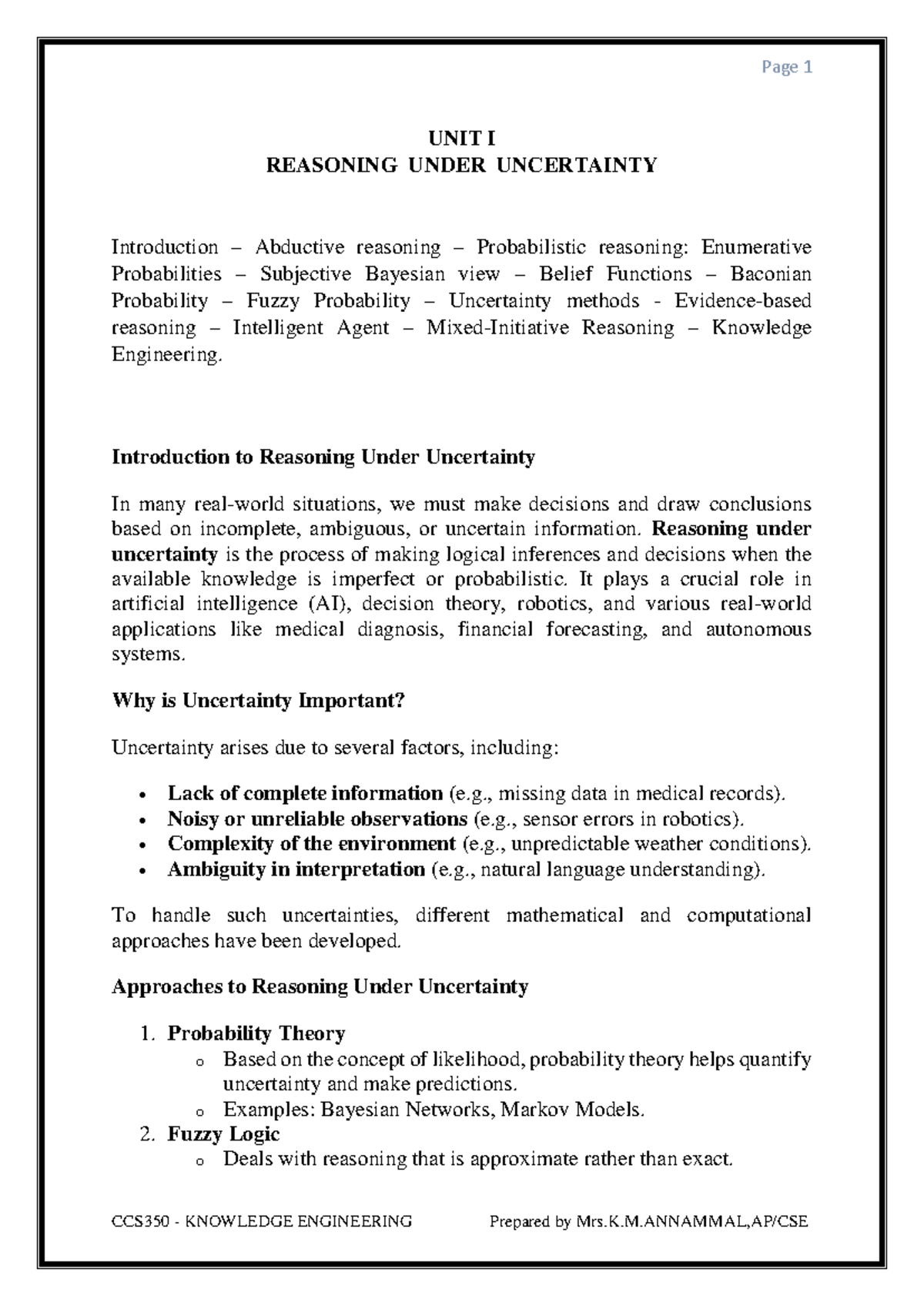 CCS350 Knowledge engineering: Reasoning under uncertainty notes - Studocu