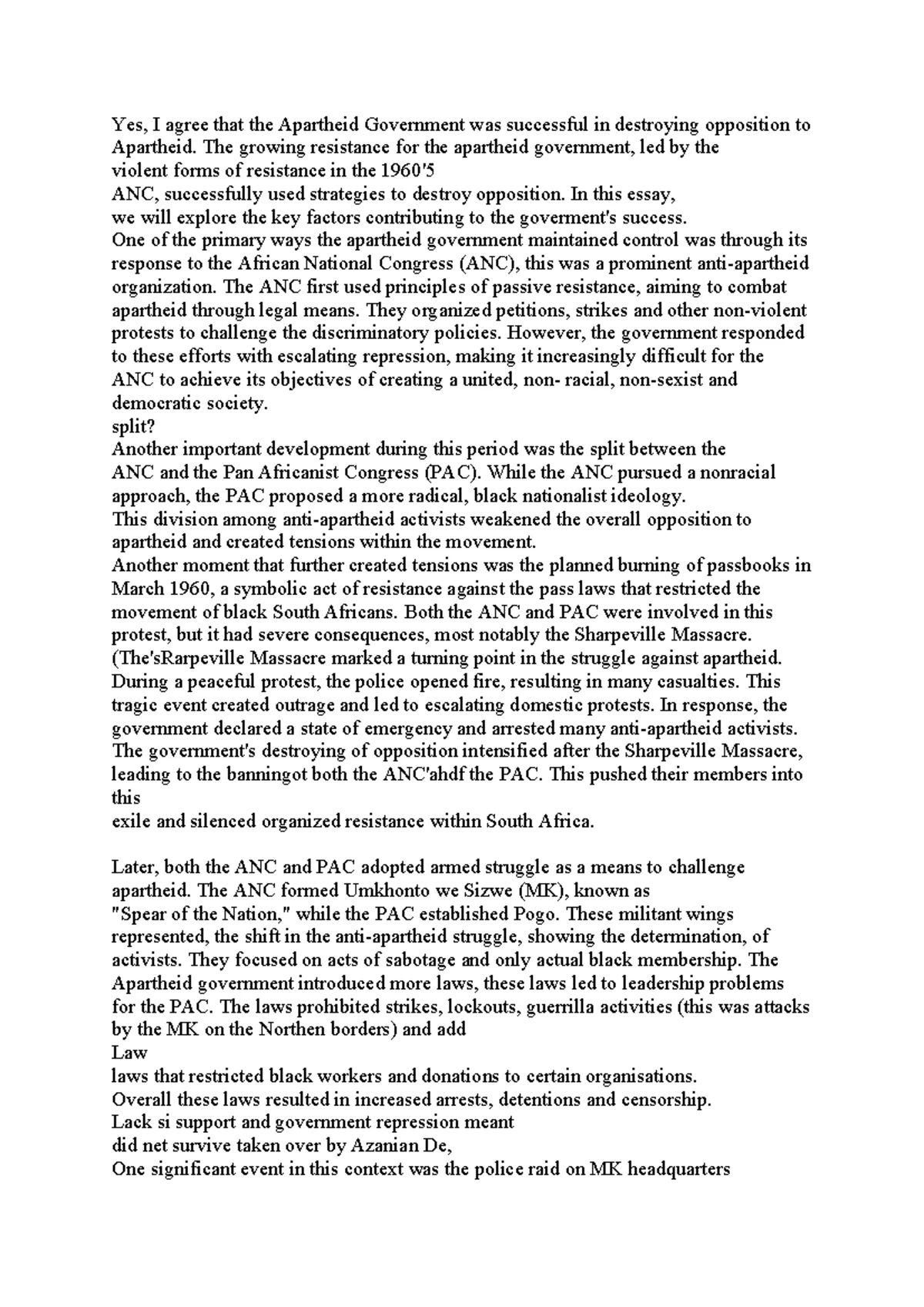 Grade 11 History Essay: Apartheid Resistance 1940s-1960s TERM 4 - Studocu