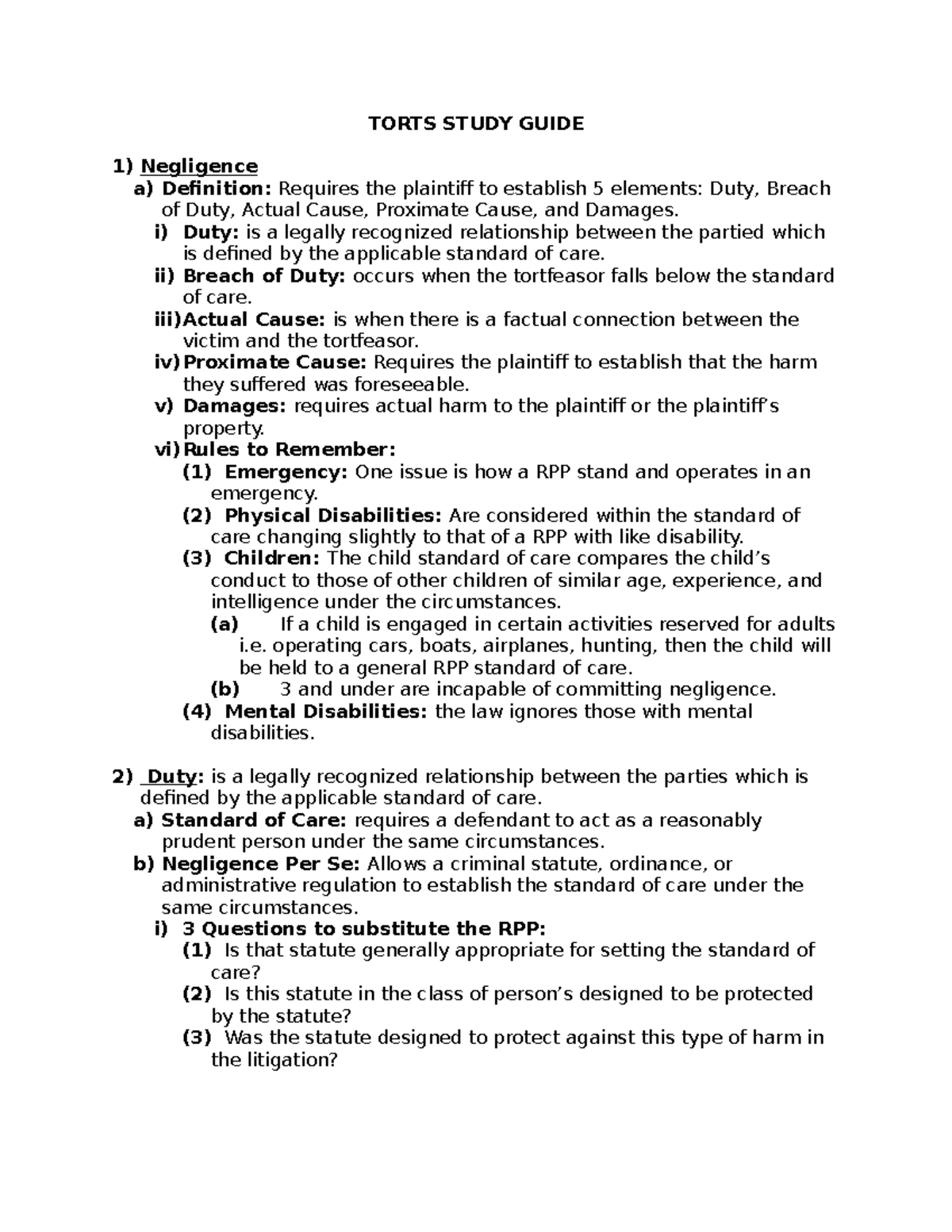 TORTS 101: Comprehensive Study Guide on Negligence and Liability - Studocu