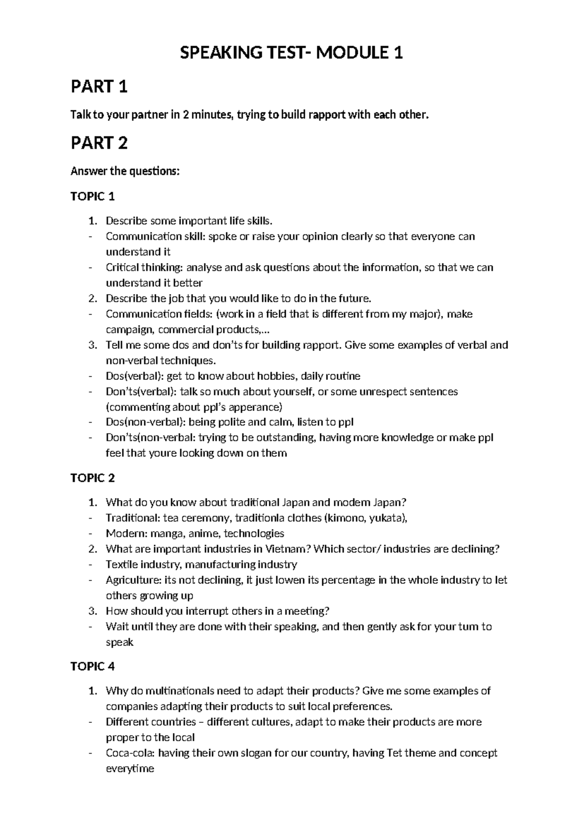 Speaking Test Topics for Module 1: Effective Communication Strategies ...