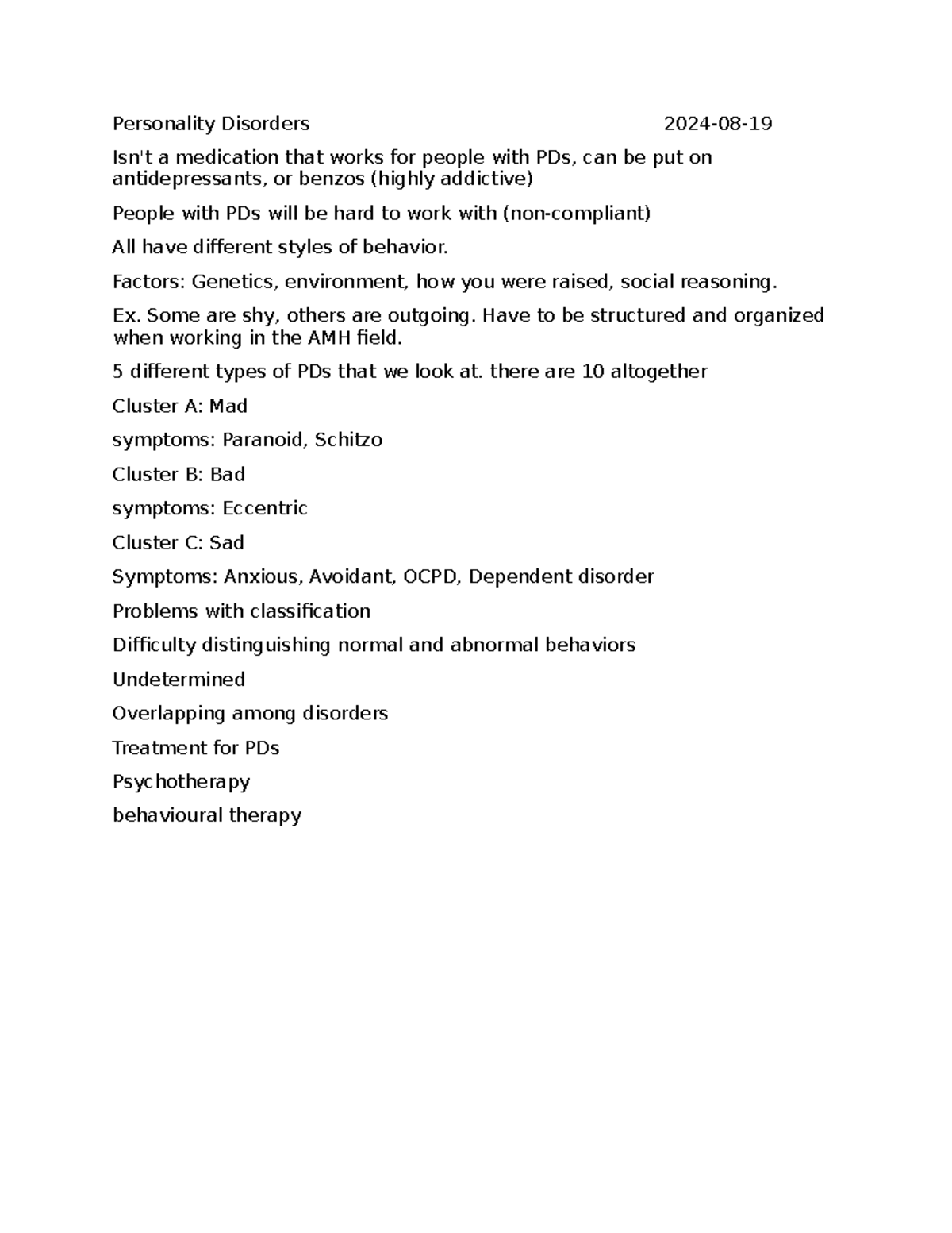 Personality Disorders Overview Notes (Psych 101) - Aug 2024 - Studocu