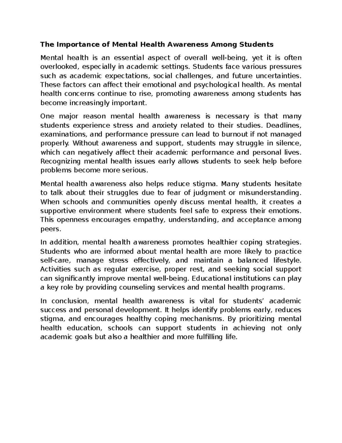 Mental Health Awareness Among Students: A Vital Necessity - Studocu