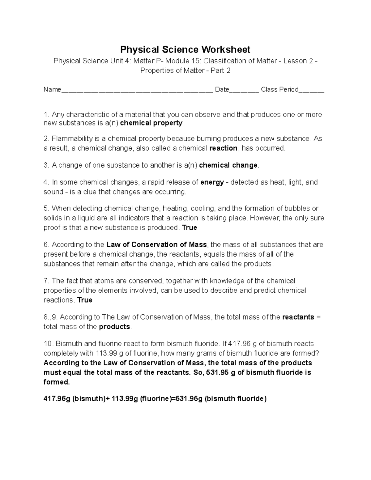 Physical Science Unit 4: Module 15 - Classification of Matter Worksheet ...
