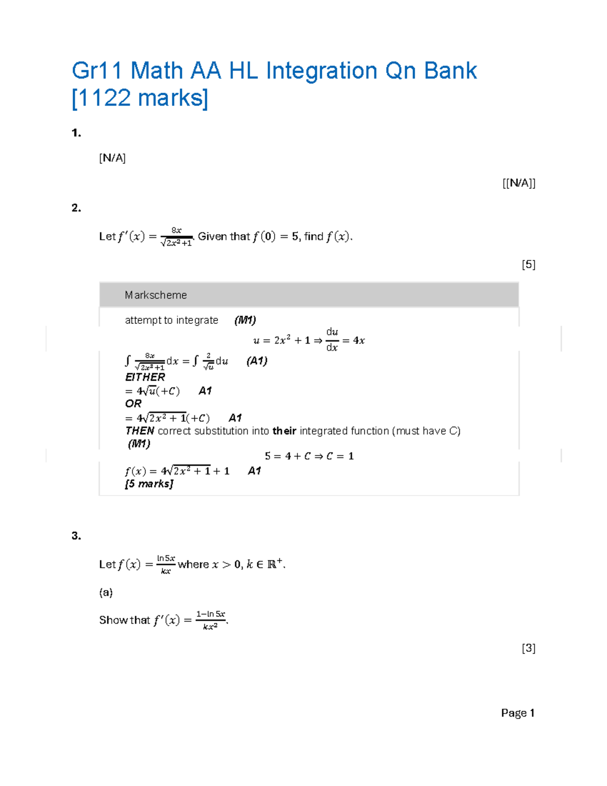 Gr11 Math AA HL Integration Question Bank - Studocu