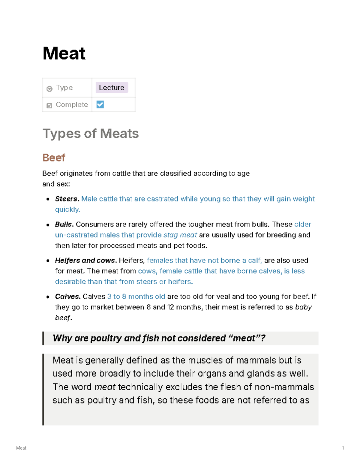 Meat chapter notes - Meat Type Lecture Complete Types of Meats Beef ...