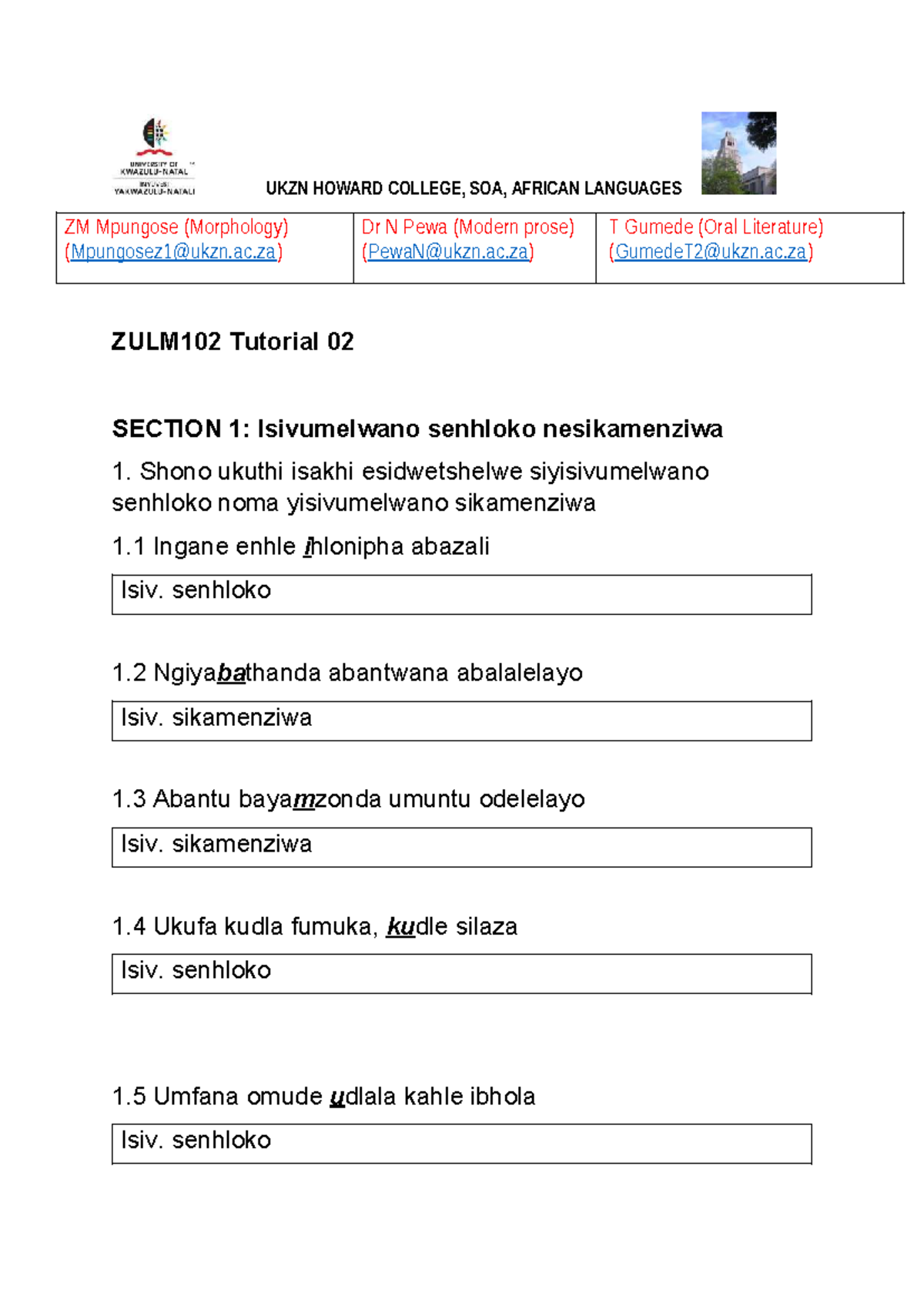 ZULM102 Tutorial 02: Isivumelwano Senhloko Nesikamenziwa Memo - Studocu