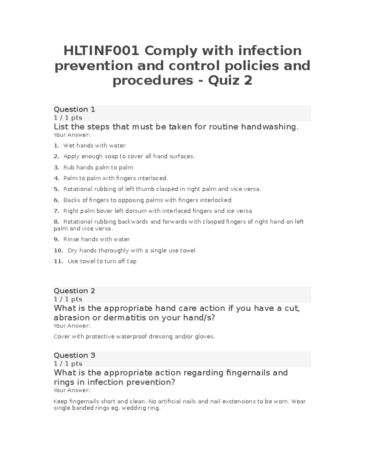 HLTINF001 Infection Control Policies & Procedures - Quiz 2 - Studocu