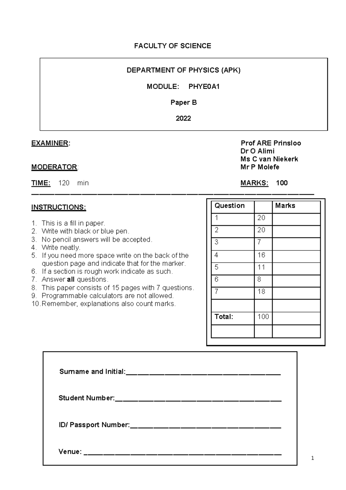 PHYE0A1 2022 Final Exam Paper B - Physics Questions and Instructions ...