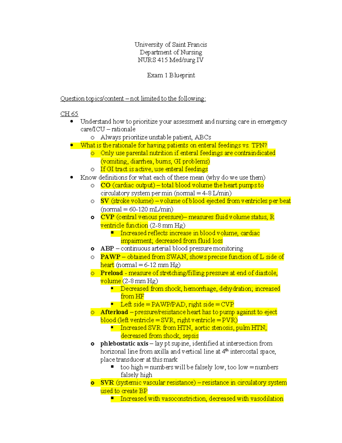 NURS 415 Med/Surg IV Exam 1 Study Guide: Key Concepts & Priorities ...