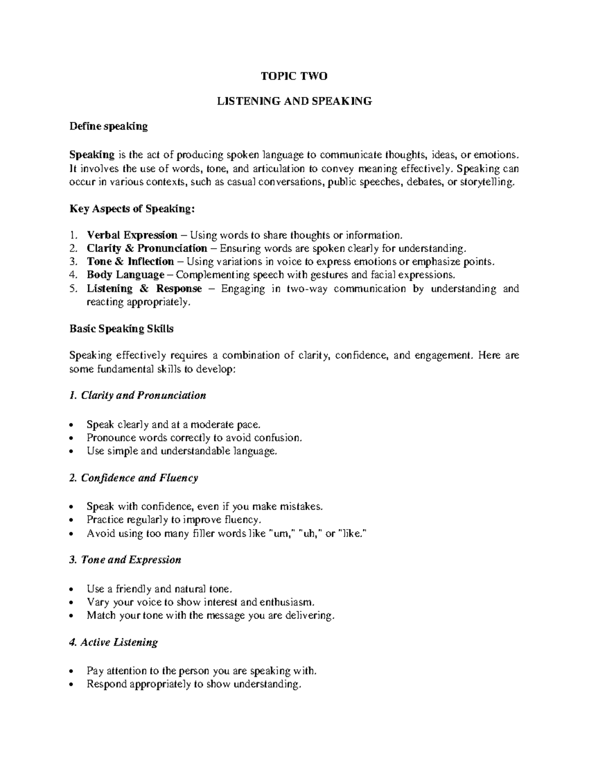 IBC Topic TWO - Notes - TOPIC TWO LISTENING AND SPEAKING Define ...