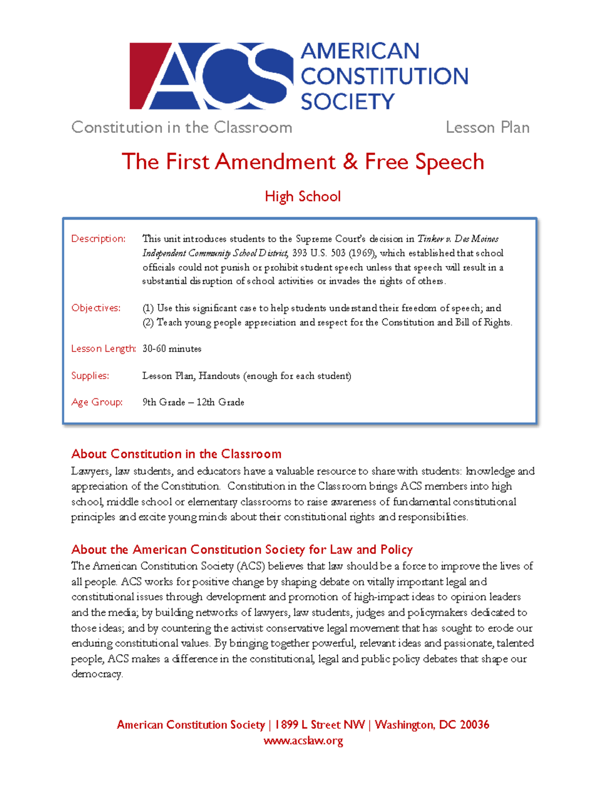 Constitution in the Classroom: Lesson Plan on First Amendment Rights ...