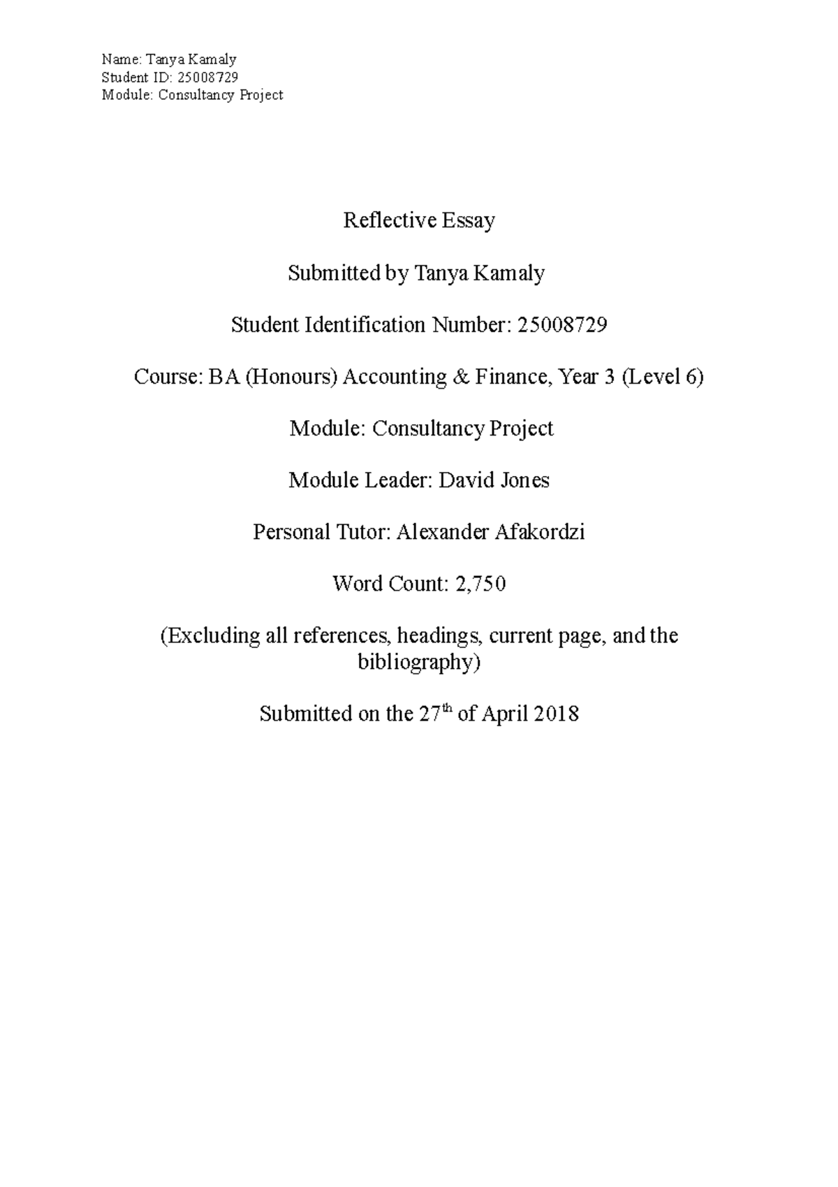 Reflective Essay on Consultancy Project (BAAF3, Level 6) - Studocu