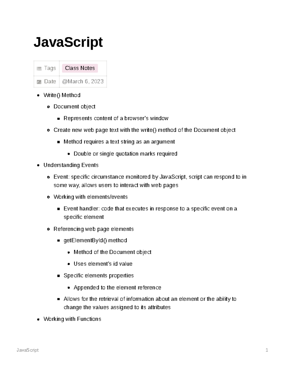 JavaScript Lecture Notes: Key Concepts and Methods Explained - Studocu
