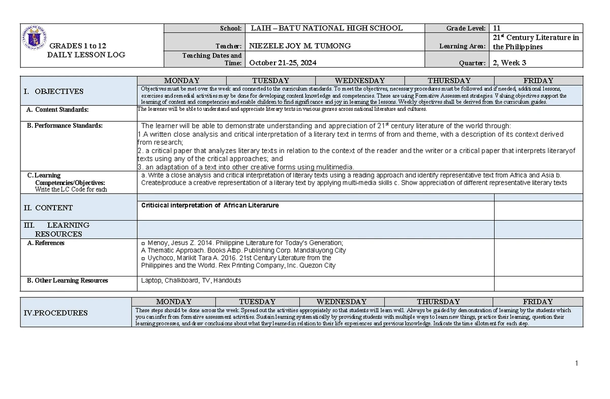 DLP: 21st Century Literature Lesson Plan for Grade 11 - Studocu