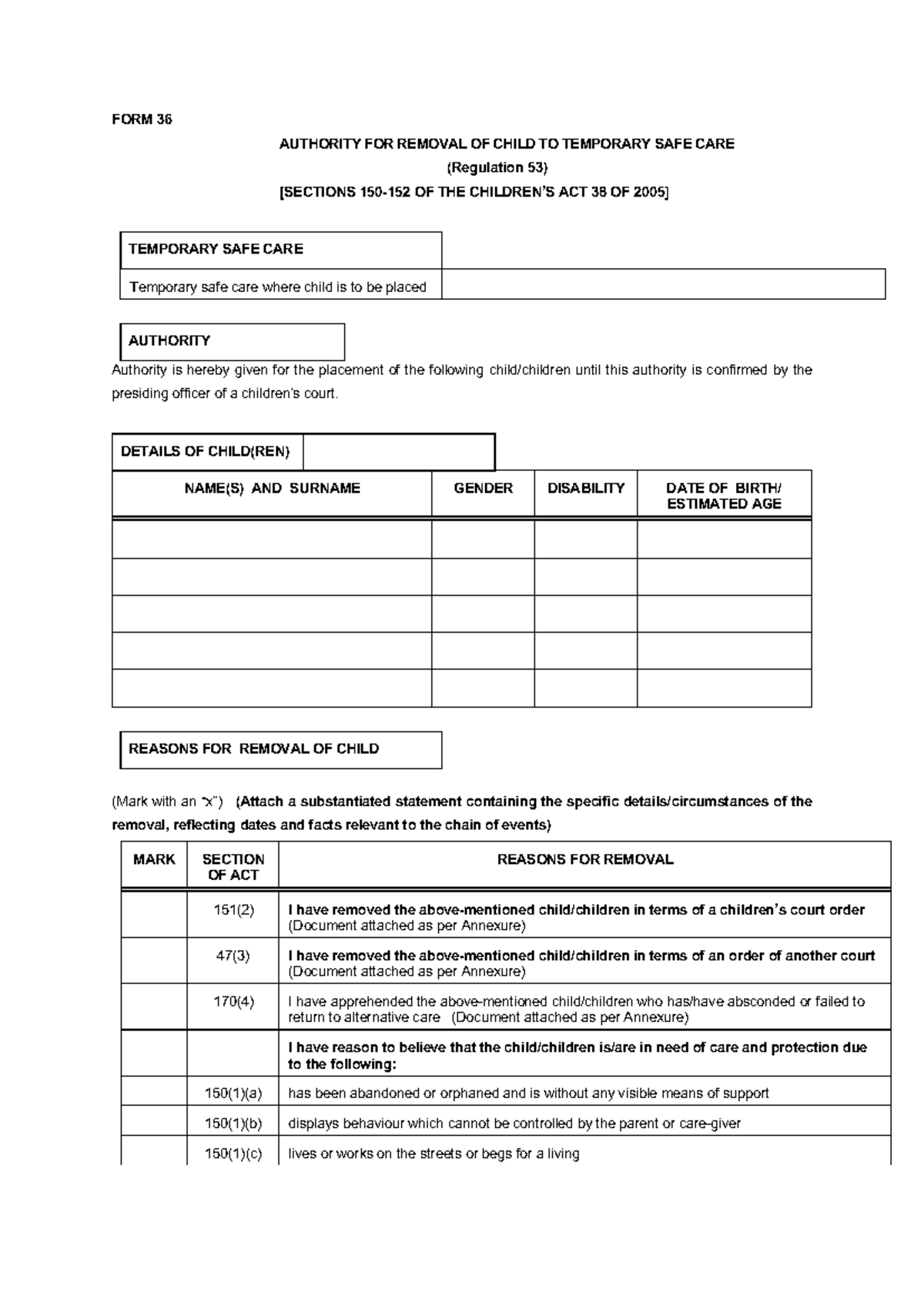 FORM 36: Authority for Child Removal to Temporary Safe Care - Studocu